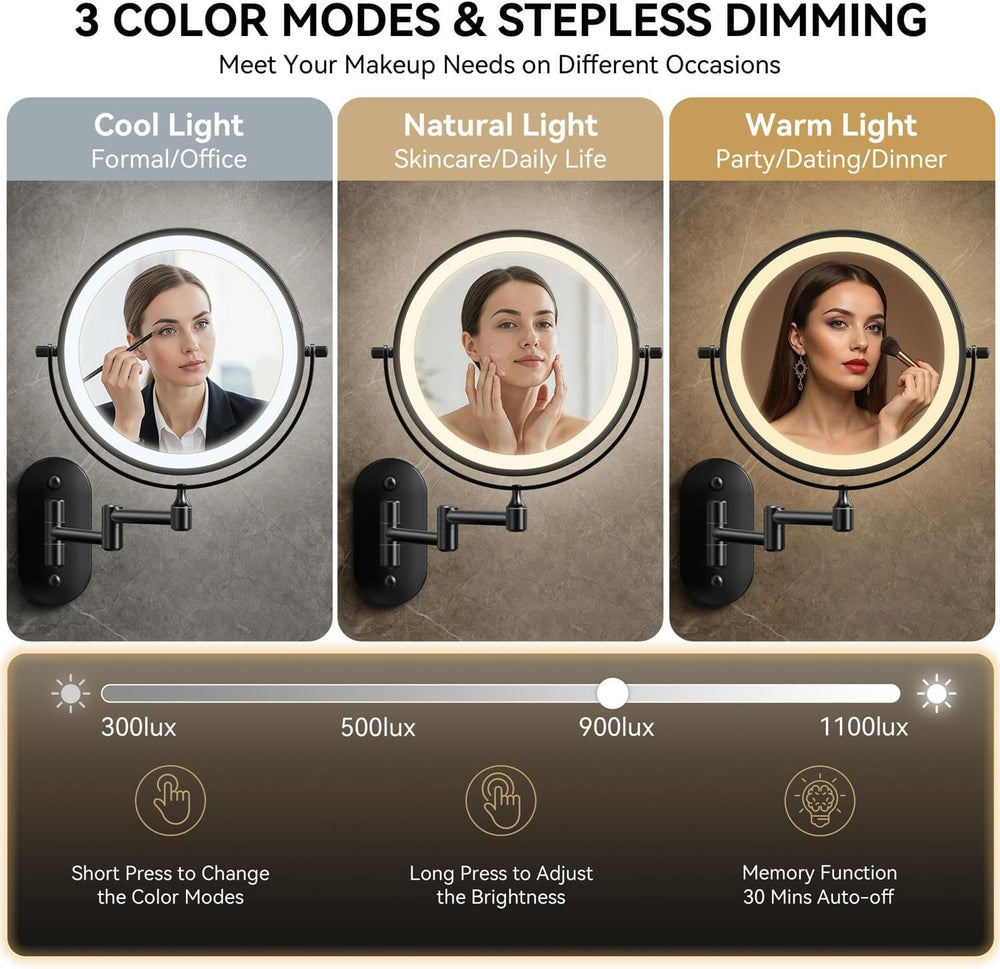 Auxmir 1X/20X Wall Mounted Makeup Mirror, 8" Rechargeable Magnifying Mirror