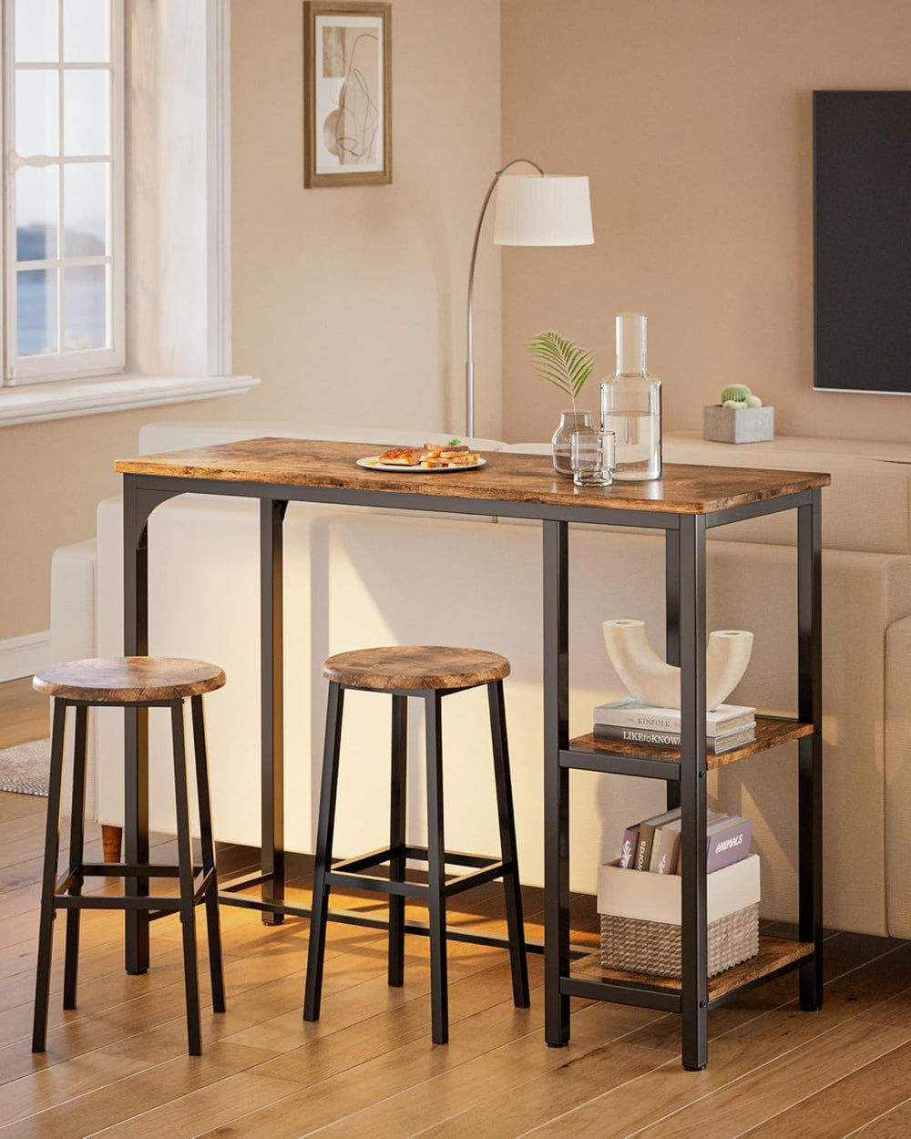 Qsun 3-Piece Bar Table Set for 2 | Bar Height Table with Stools & 2 Stora...