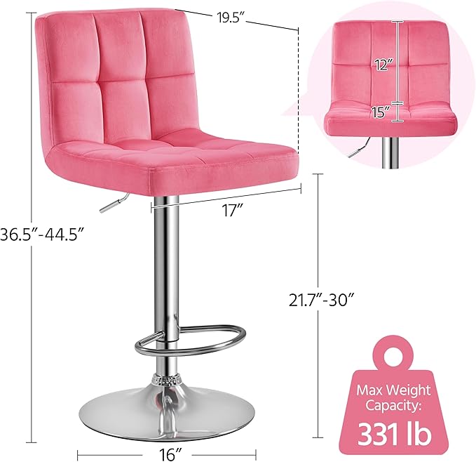 Yaheetech Pink Bar Stools Set of 2, Adjustable Velvet Barstools, Modern Count...