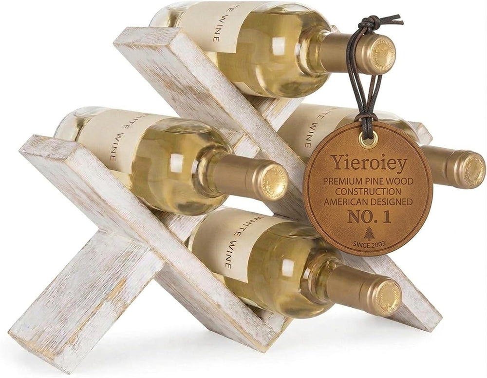 Premium Pinewood Wine Rack, Elegant 4-Bottle Countertop Wine Holder with Cros...