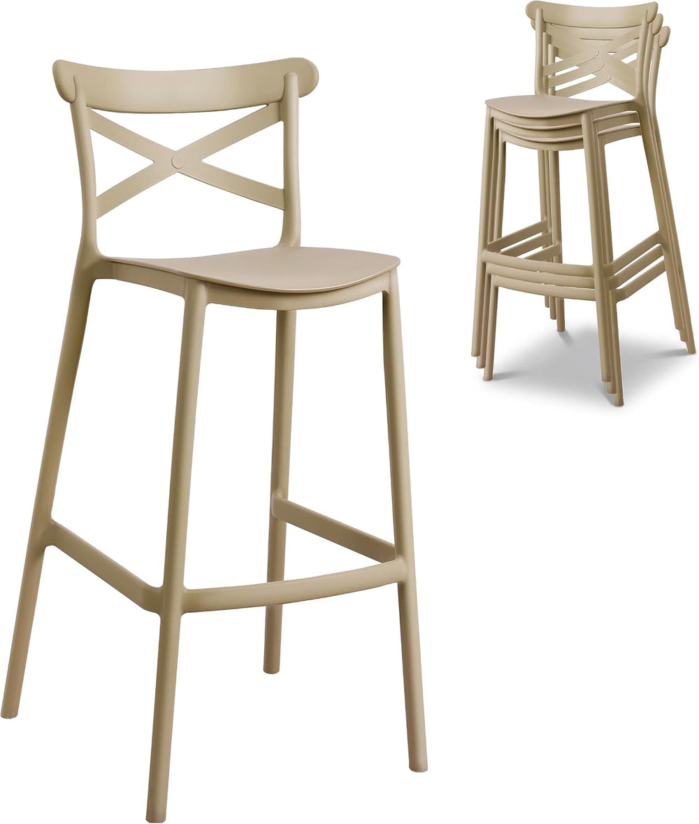 30" Plastic Outdoor Bar Stools Set of 8, Stackable, Camel
