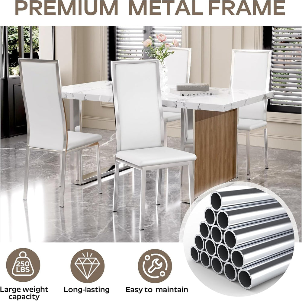 Modern Dining Chairs Set of 6, White Faux Leather with Chrome Silver Metal Le...