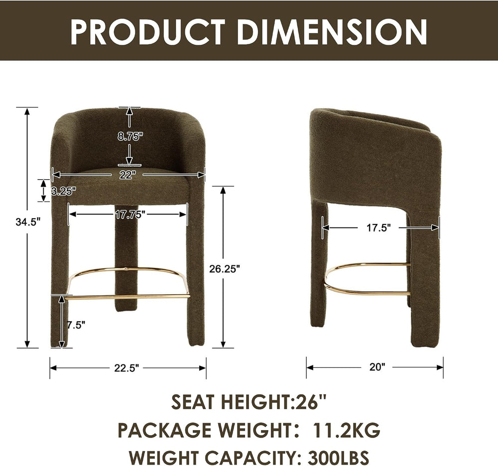 HNY Modern Barrel Bar Stools Set of 2, 26 Inch Upholstered Sherpa Counter Hei...