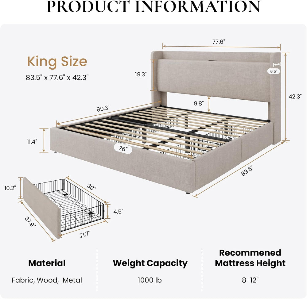 SHA CERLIN King Size Storage Bed Frame with 4 Oversized Drawers, Modern Wingb...