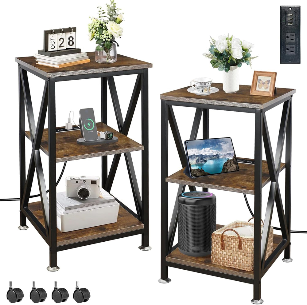 End Tables Living Room Set of 2, Square End Table with Charging Station, 16&q...
