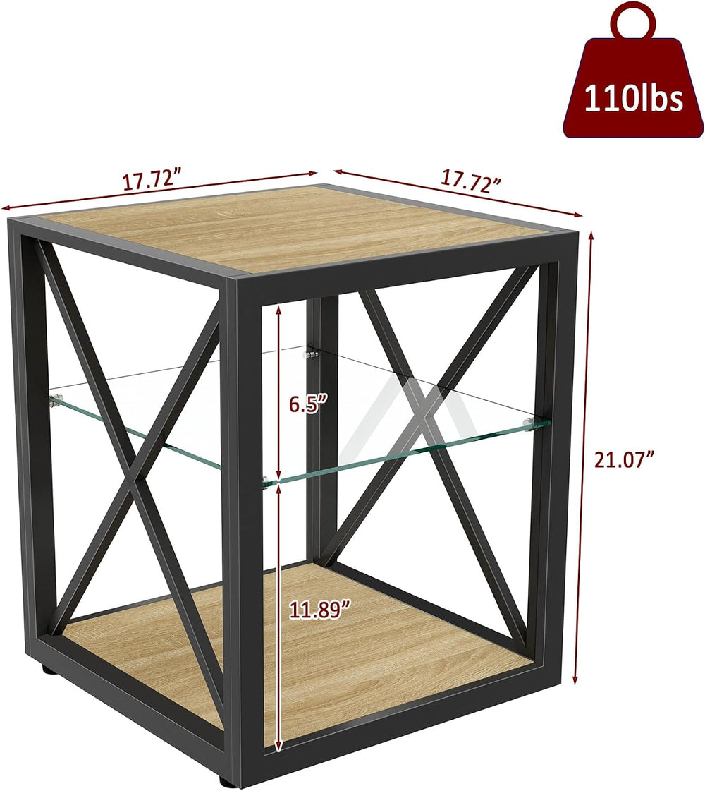 Modern End Table with Tempered Glass Shelf and Natural Wood MDF, Industrial M...