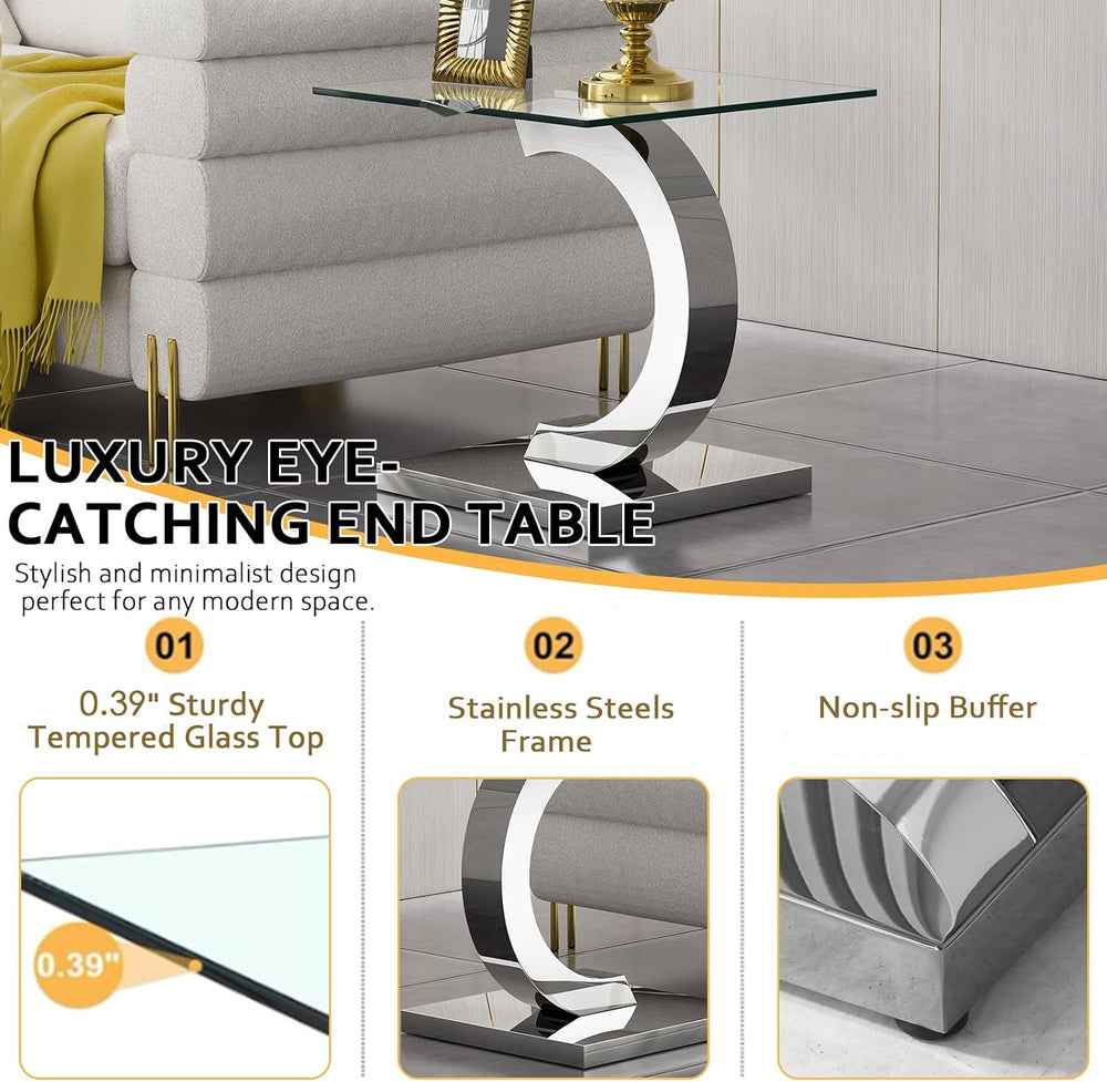 Modern Glass End Table Small Silver Side Table with Gorgeous Stainless Steel ...