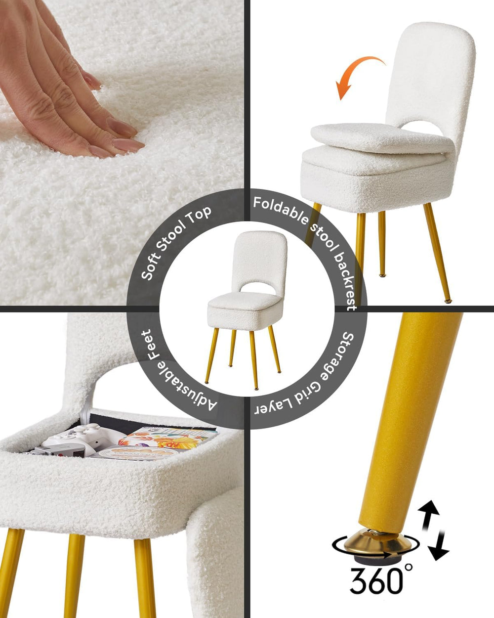 IBUYKE Small Storage Vanity Stool with Folding Backrest, 12.99" x 13.78&...