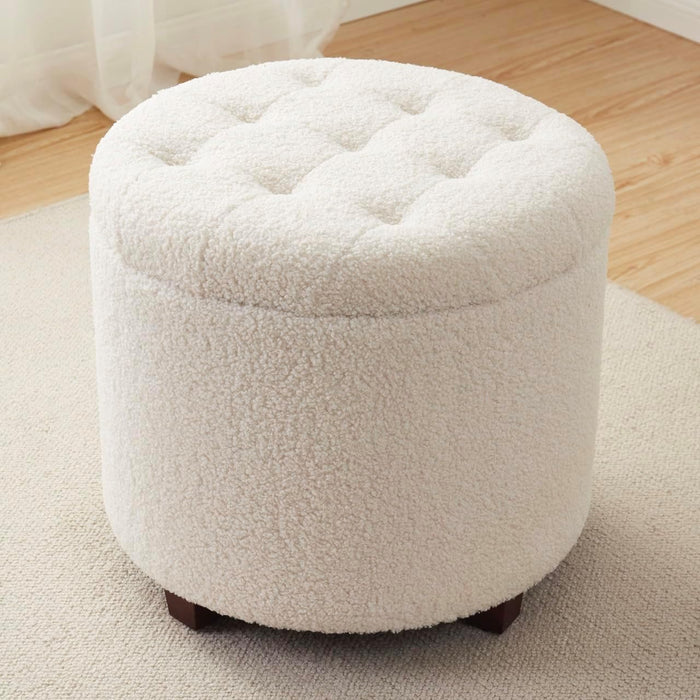 Ornavo Home 18" Round Storage Ottoman with Lid, Holds 300 lbs, White