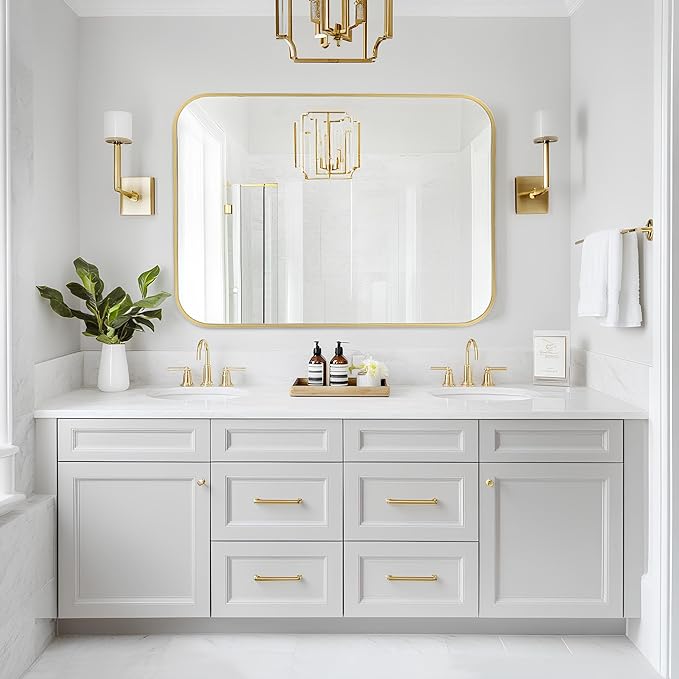 MZON 22x30 Inch Brushed Gold Vanity Mirror, Rectangle Bathroom Mirrors for Ov...