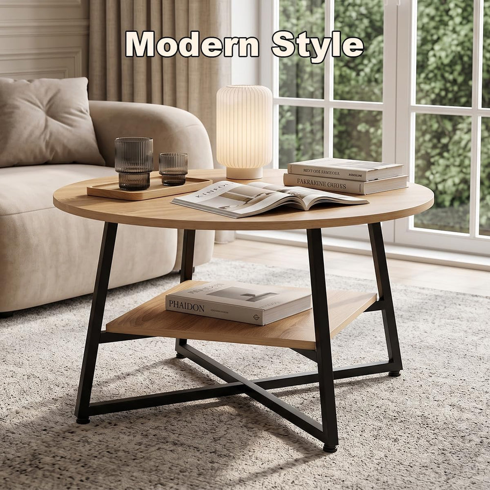 YANPU Round Coffee Table, 2-Tier Wood Coffee Table with Storage Shelf, Modern...