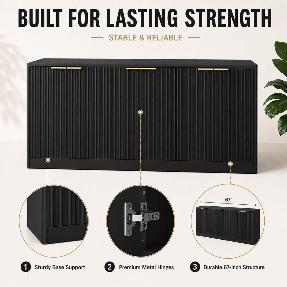 Fluted Sideboard Buffet Cabinet, 67" Credenza Storage Cabinet with 6 Doo...