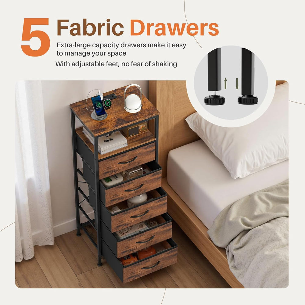 Sweetcrispy Nightstand with Charging Station 5 Fabric Drawers Bedside Table |...