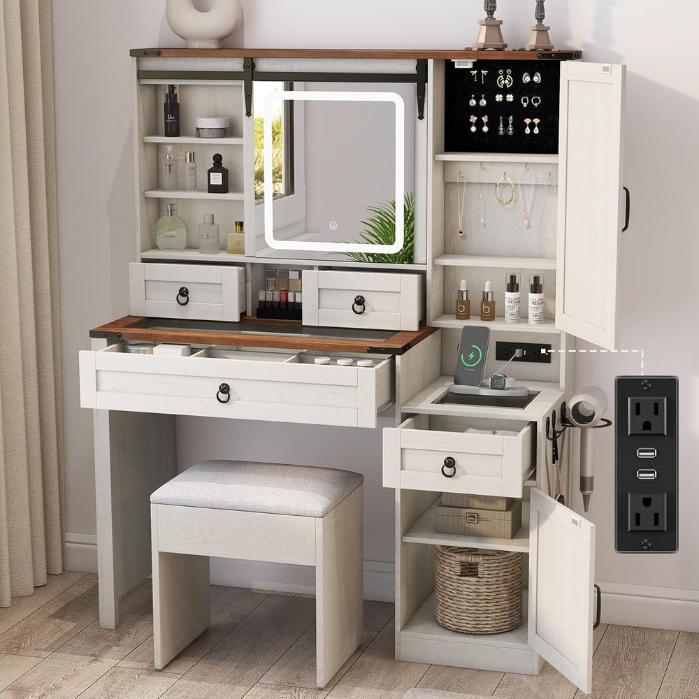Farmhouse Makeup Vanity Desk with Sliding Mirror and Lights, 42 Wood Vanity T...