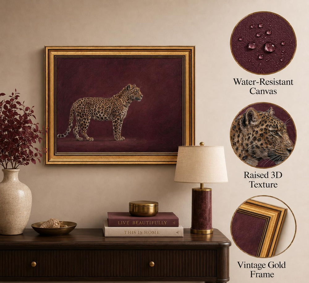 Gold Framed 3D Textured Wall Art, Vintage Burgundy Cheetah Canvas Prints, Min...