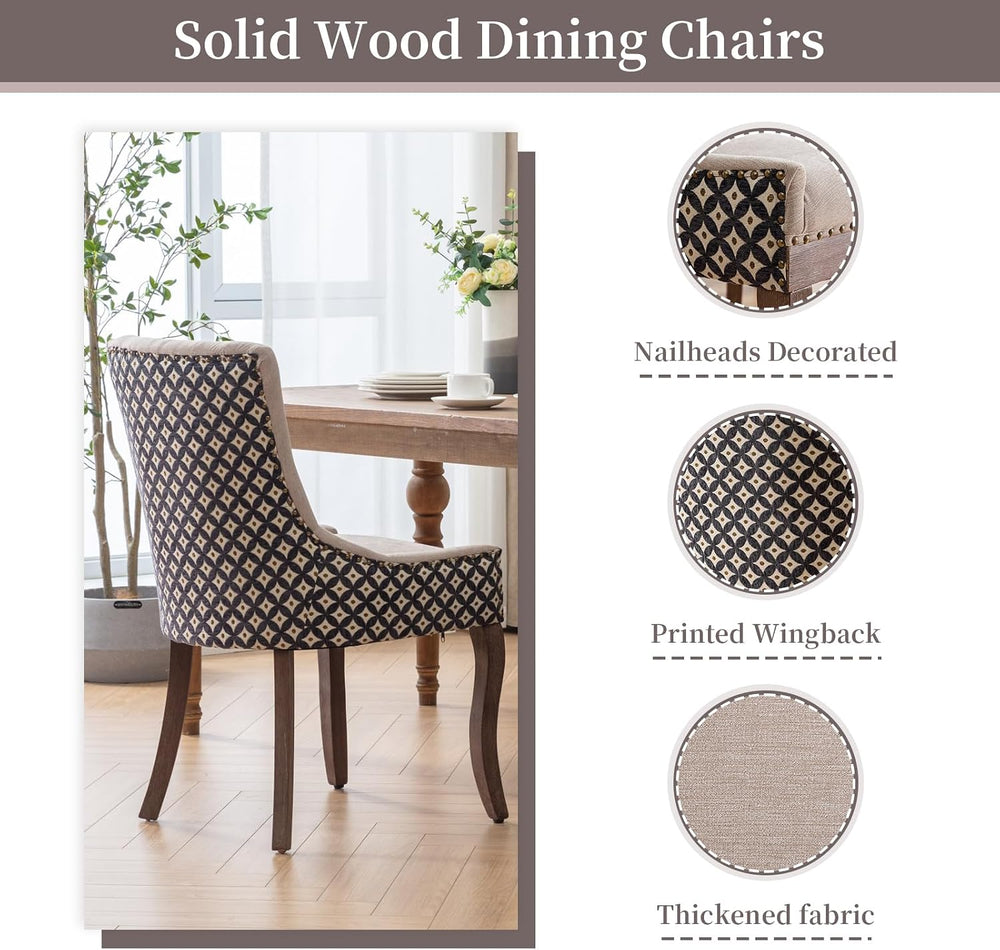Beige Pattern Upholstered Dining Chairs Set of 4, Farmhouse Kitchen Chairs | ...