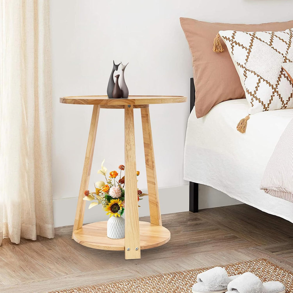 Small Round Side Table, 2-Tier End Table with Storage Shelf, Modern Couch Bed...