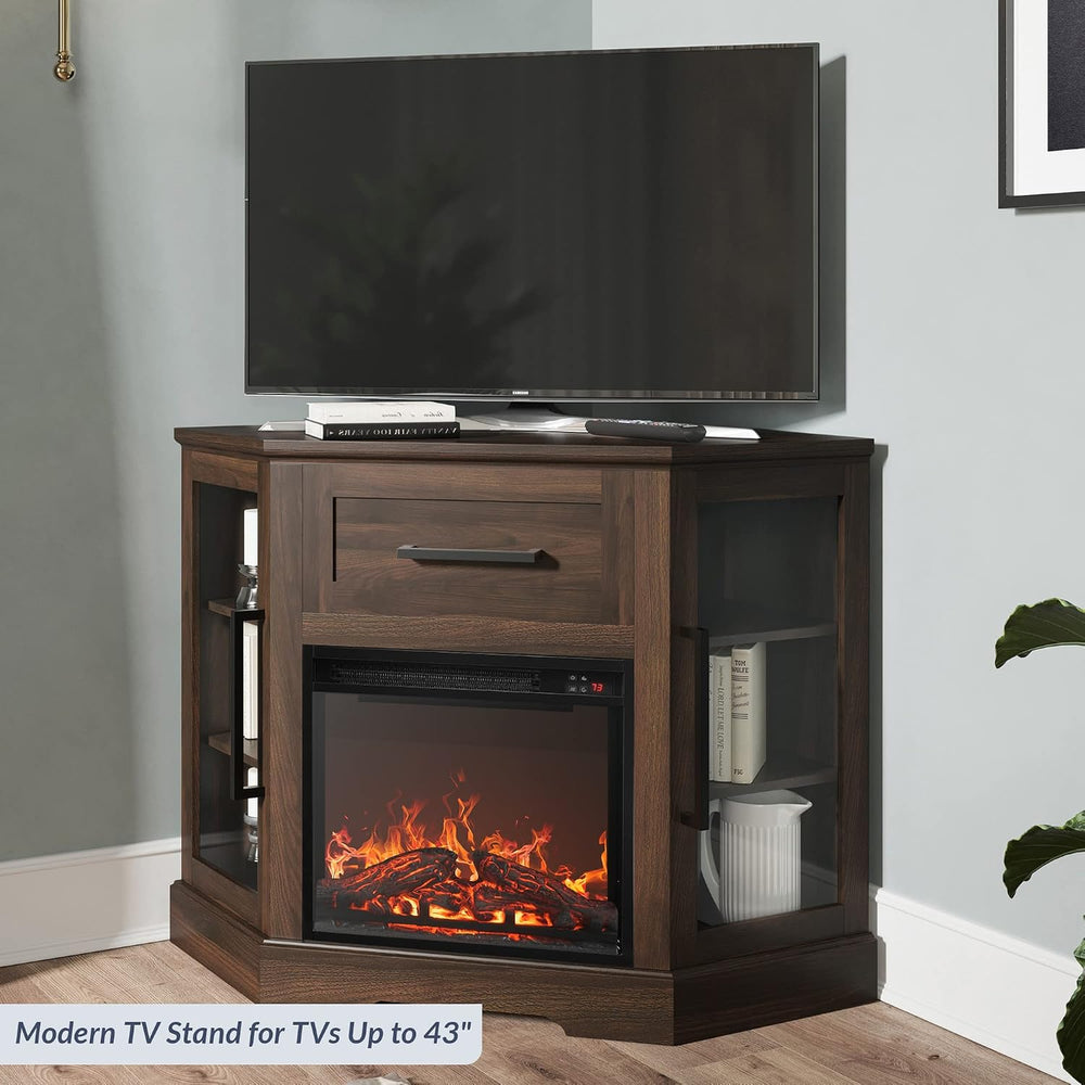 BELLEZE 43" Corner TV Stand with 18" Electric Fireplace Heater for ...