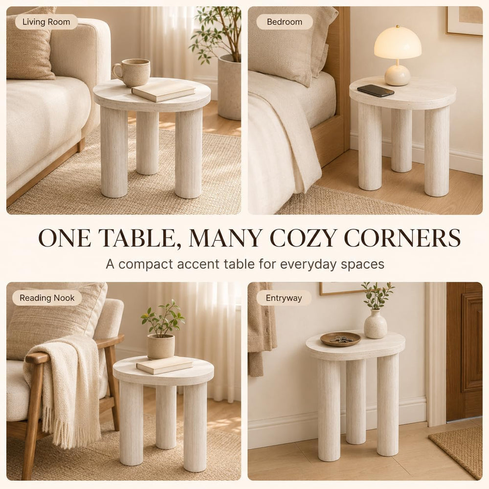 Small Round Side Table, Light Wood Grain End Table with 3 Cylindrical Legs, M...