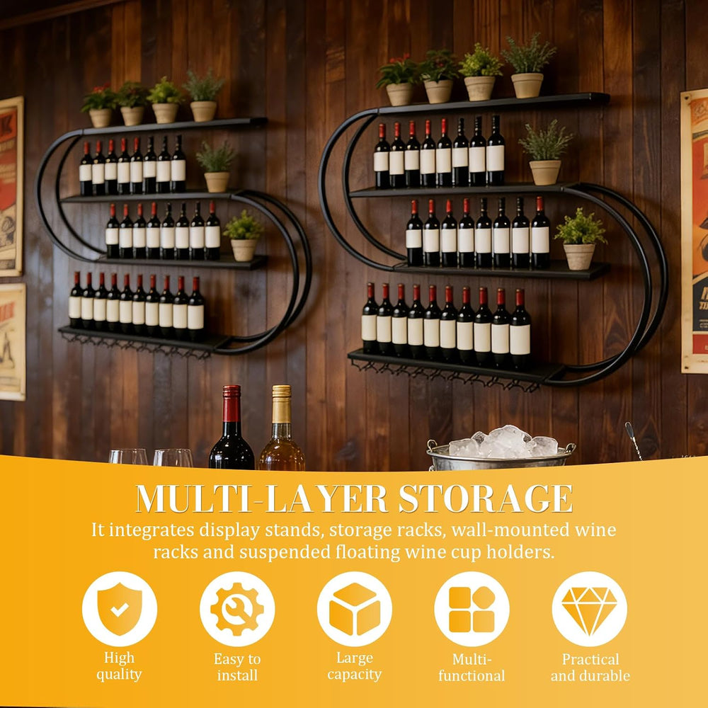 71" Modern Wall Mounted Wine Rack with LED Lights, 4-Tiers Wine Rack wit...