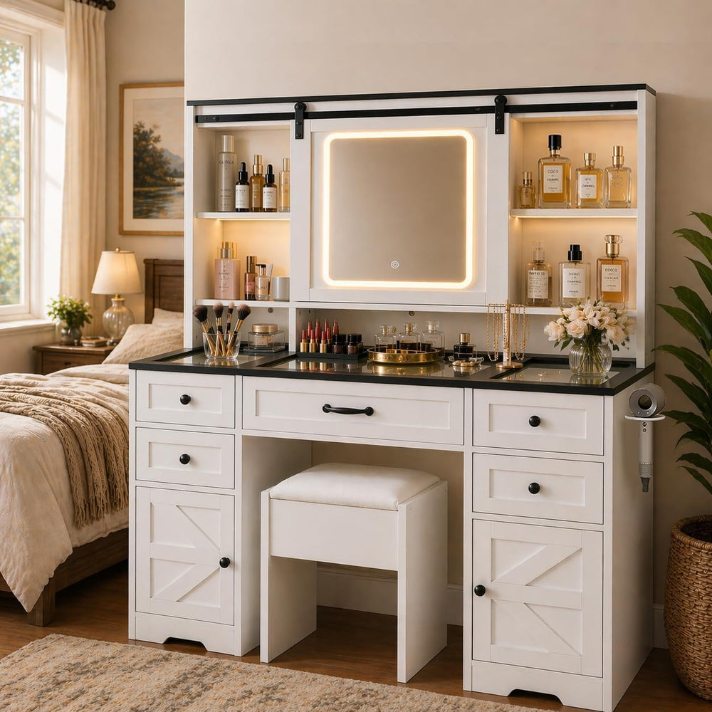 Vanity with Sliding Barn Mirror, Glass Top Makeup Desk with Outlet & Char...