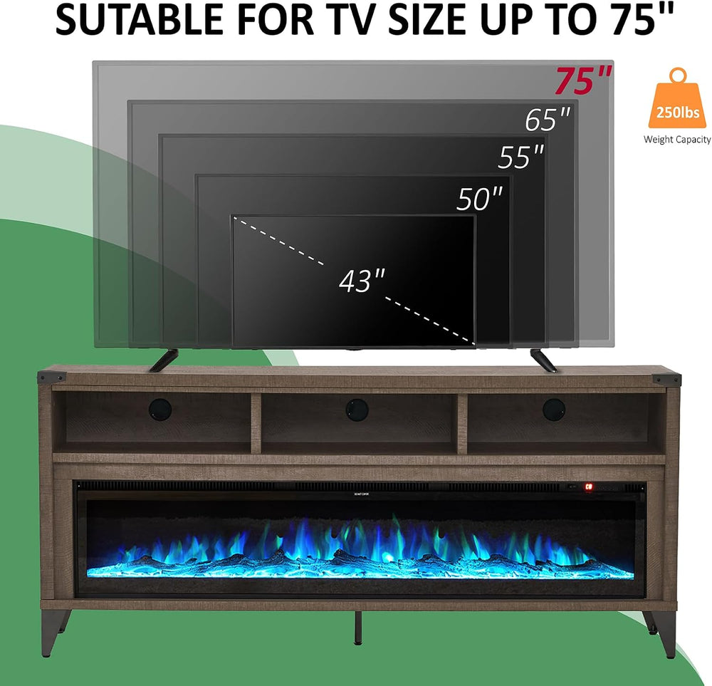 AMERLIFE 65" Fireplace TV Stand with 60" Glass Electric Fireplace, ...