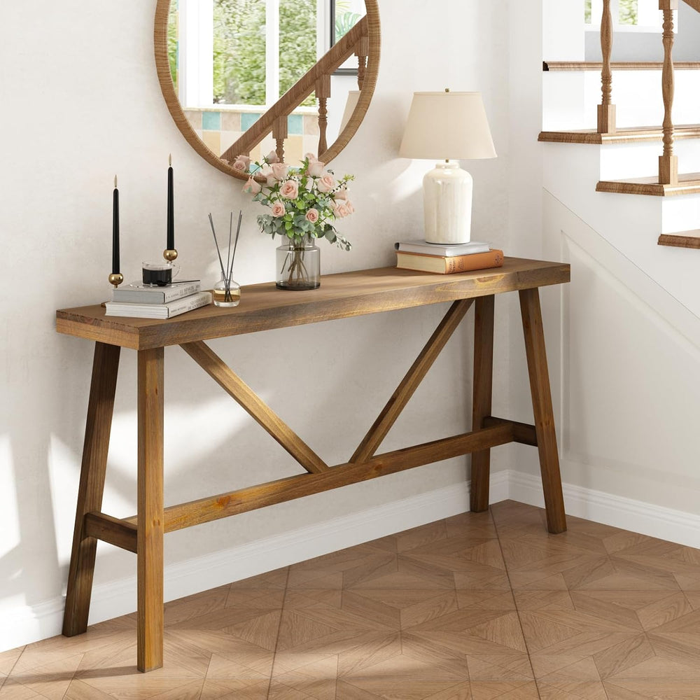 Wnutrees 63" Farmhouse Solid Wood Console Table, Rustic Hallway Table | ...