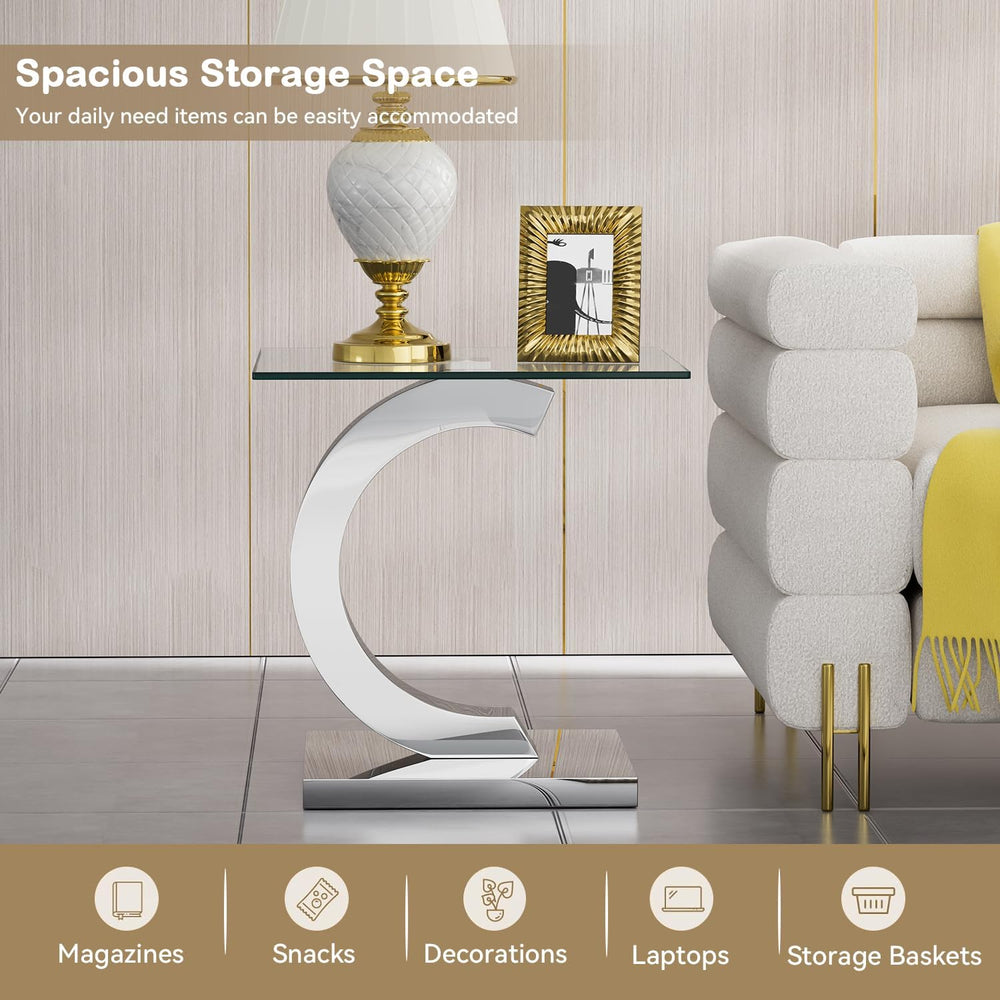 Luxury Silver Glass End Table,Sqaure Sofa Side Table with Shiny Mirrored C-Sh...