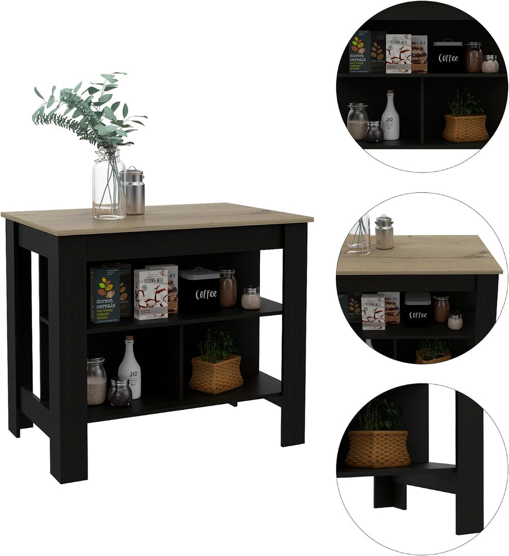 Kitchen Island with Four Legs and Three Shelves - Black/Light Oak | Three she...