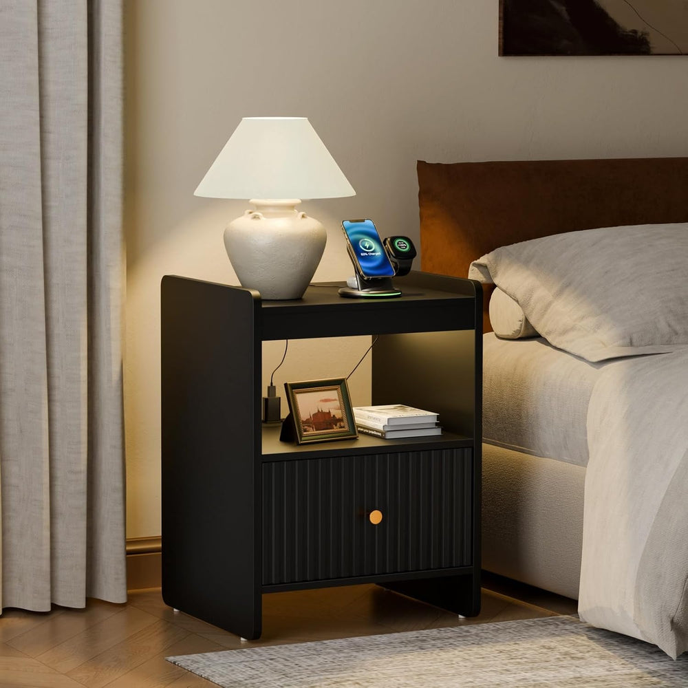 HIFYOBRO 21.6" Fluted Nightstand, End Table with Charging Station and LE...