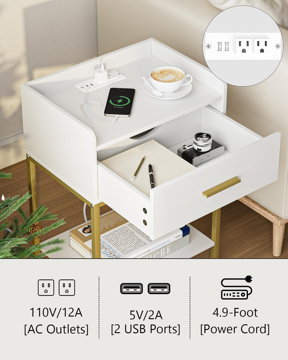 Aienvey Nightstand with Charging Station,Bedside Table with Drawer and 2 Shel...