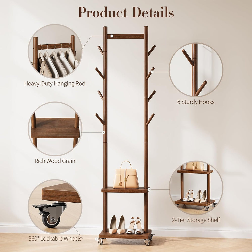 Yoobure Solid Wood Coat Rack Freestanding - Rolling Clothes Rack with 8 Hooks...