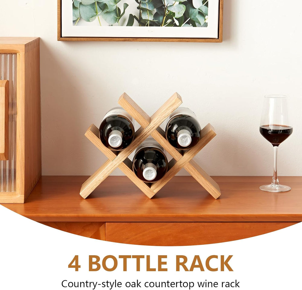 Solid Oak Wine Rack Countertop, 4 Bottle Tabletop Wine Holder - No Assembly F...