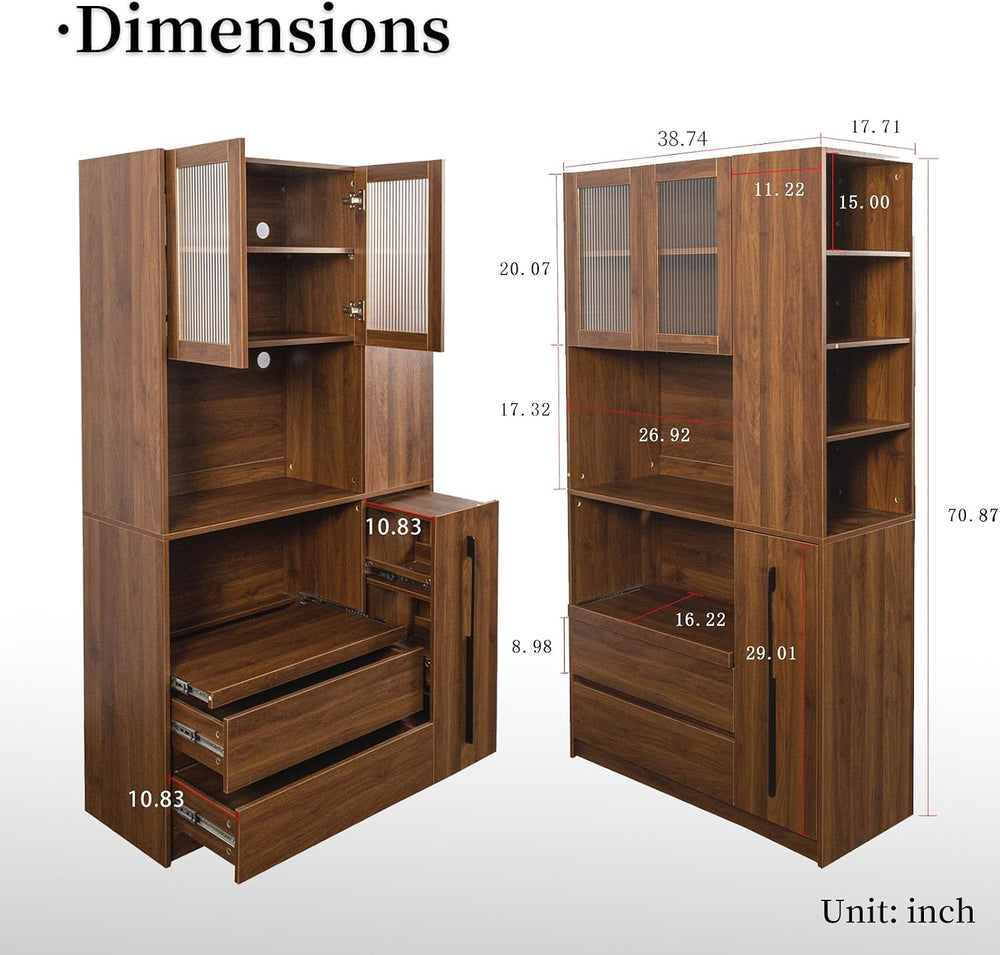 Tall Kitchen Hutch Cabinet with Pull-out Shelves, Storage Drawers, Glass Door...