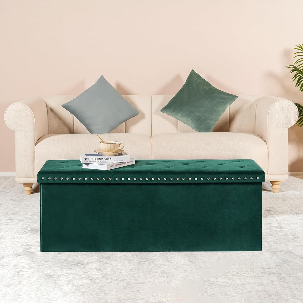 PINPLUS Folding Storage Ottoman Bench, Green Velvet