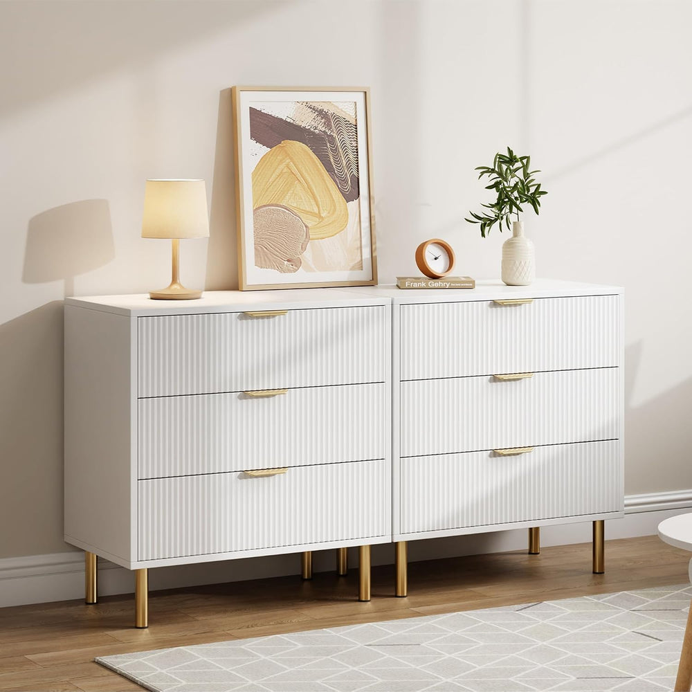 IDEALHOUSE Modern White 3 Drawer Dresser for Bedroom with Gold Handles