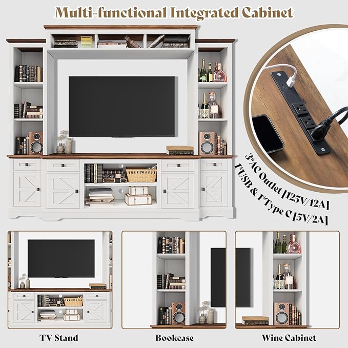 AMERLIFE 98" Farmhouse Wall Unit Entertainment Center with Bookshelves, ...