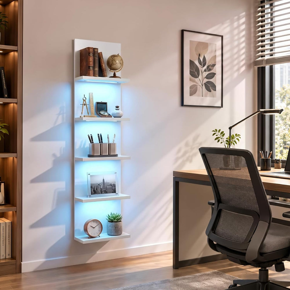 5 Tier Wall Shelf Unit, White, RGB Lack Shelf with Light