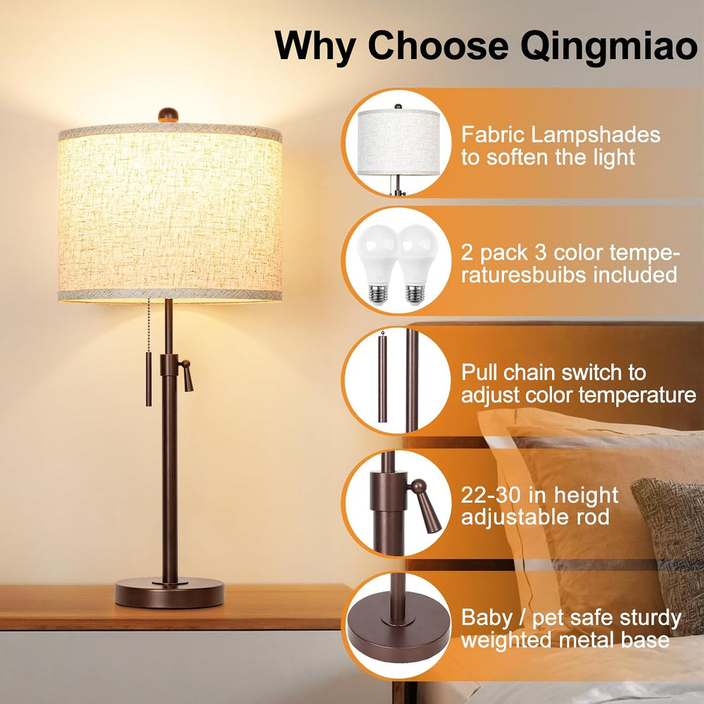 Qingmiao Table Lamps Set of 2, 22" to 30" Adjustable Nightstand Lam...