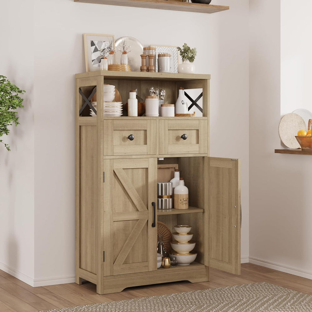 FiveWillowise Natural Storage Cabinet with Doors and Shelves, Standing Kitche...