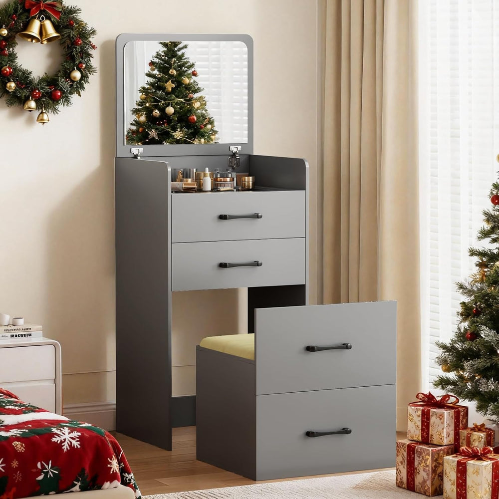 3 in 1 Make Vanity Desk with Flip Top Mirror(Grey) | Glass Top Makeup Vanity ...