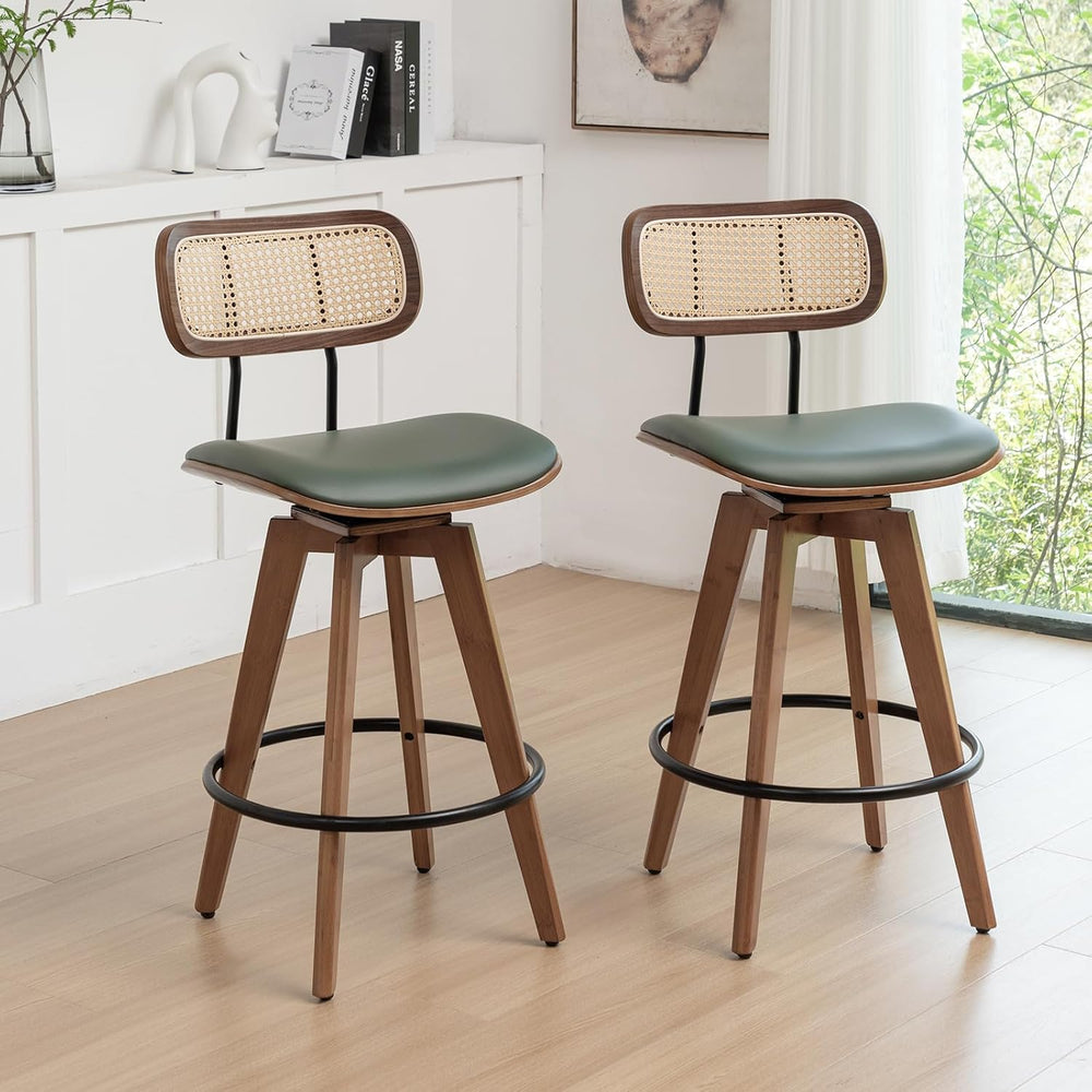 26" Rattan Bar Stools Set of 2, Faux Leather Counter Height Swivel Barst...