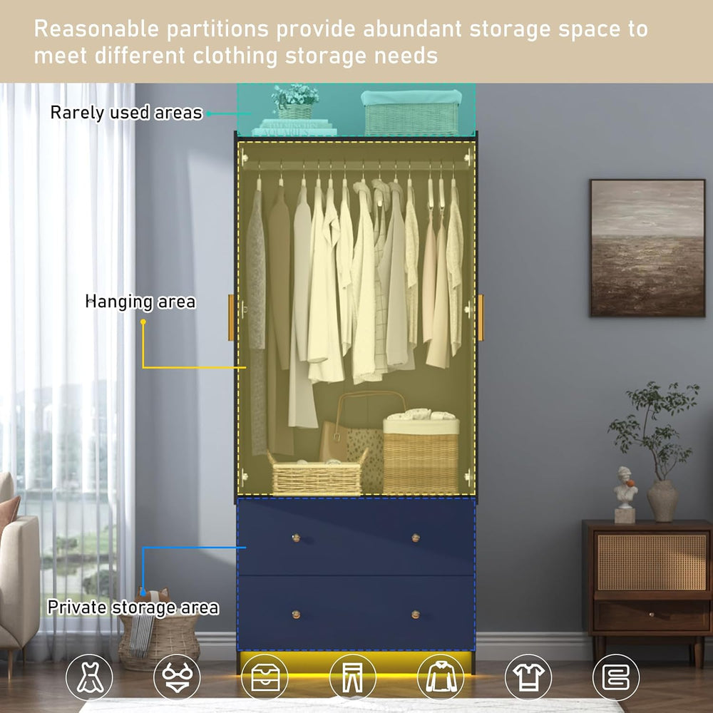 chartustriable 2 Doors Armoire Wardrobe Closet with Mirror, LED Closet with D...