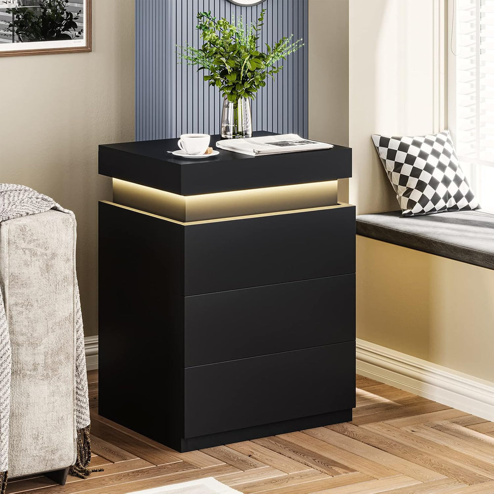 ADORNEVE Black Nightstand with Charging Station and LED Lights | Modern Night...
