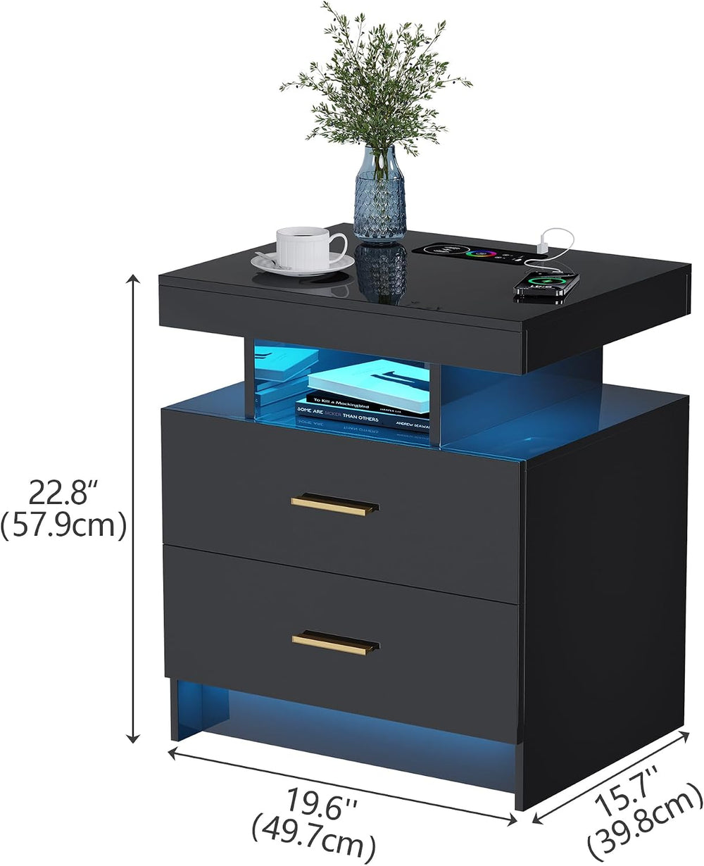Lvifur Smart Nightstand with RGB Lights & Wireless Charging Station - Bla...