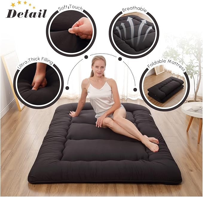 Japanese Floor Mattress, Futon Mattress with Portable Storage Bag and Washabl...
