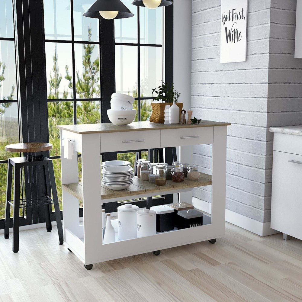 Kitchen Island with Drawers and Shelves, White/Light Oak | Includes two drawe...