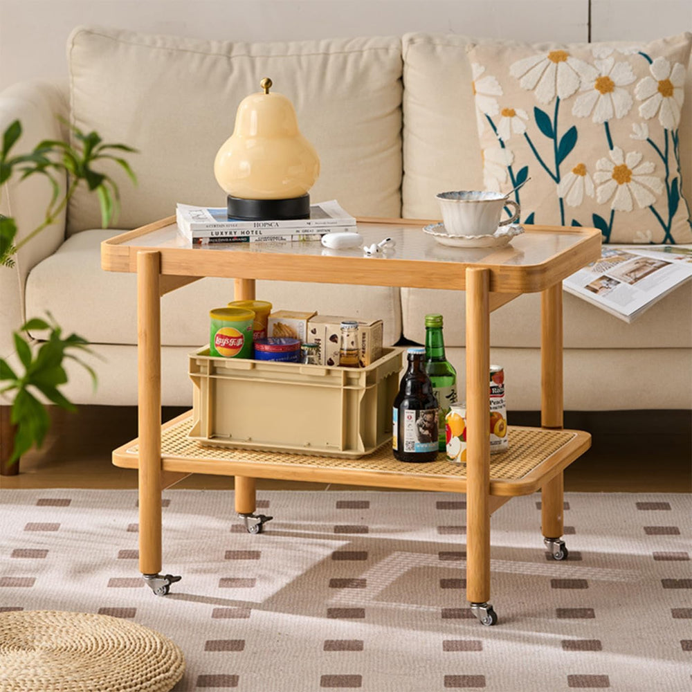Bamboo Rattan End Table with Wheels, 2 Tier Modern Coffee Table Couch Side Ta...