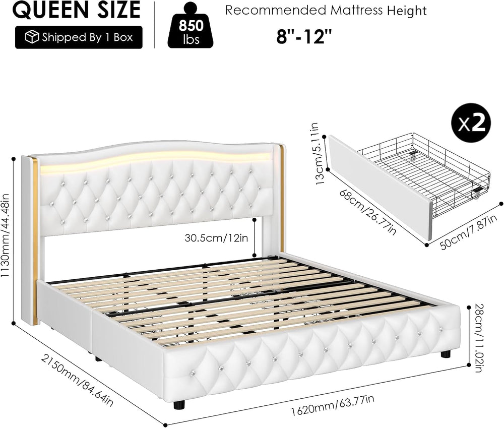 Upholstered Queen Size Bed Frame with LED Light & Storage, White PU Leather