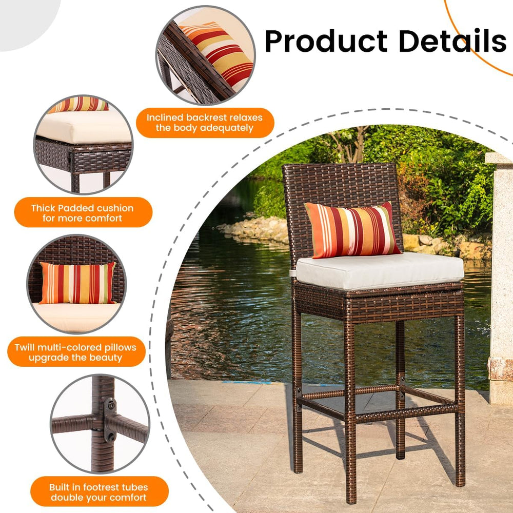 Sundale Outdoor Wicker Bar Stool Set of 2, 29 Inch Seat Height Patio Stool